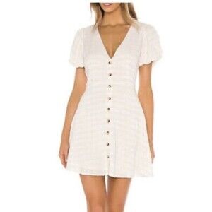 L*SPACE Sabrina Coverup Cream Gold Stripped Puff Sleeve Mini Dress Size Small